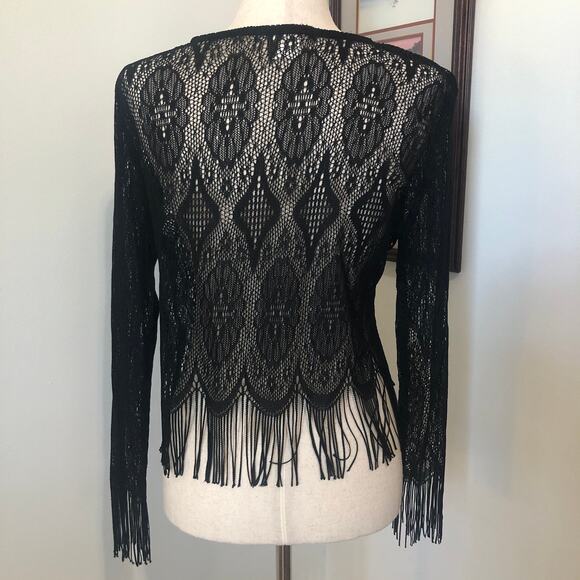 VTG La Belle Black Lace Fringe Cardigan Tag L Fit S Boho Festival 90s Whimsigoth - Picture 4 of 7